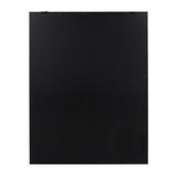 Rear side of a rectangular framed canvas showing a black fabric backing with staples and two hanging hooks on a white background.