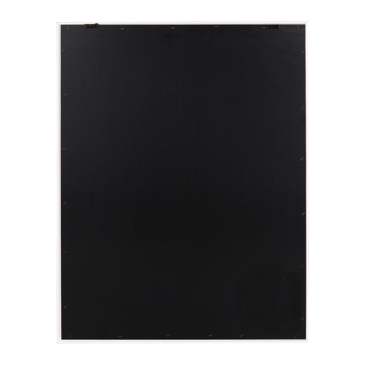 Rear side of a rectangular framed canvas showing a black fabric backing with staples and two hanging hooks on a white background.