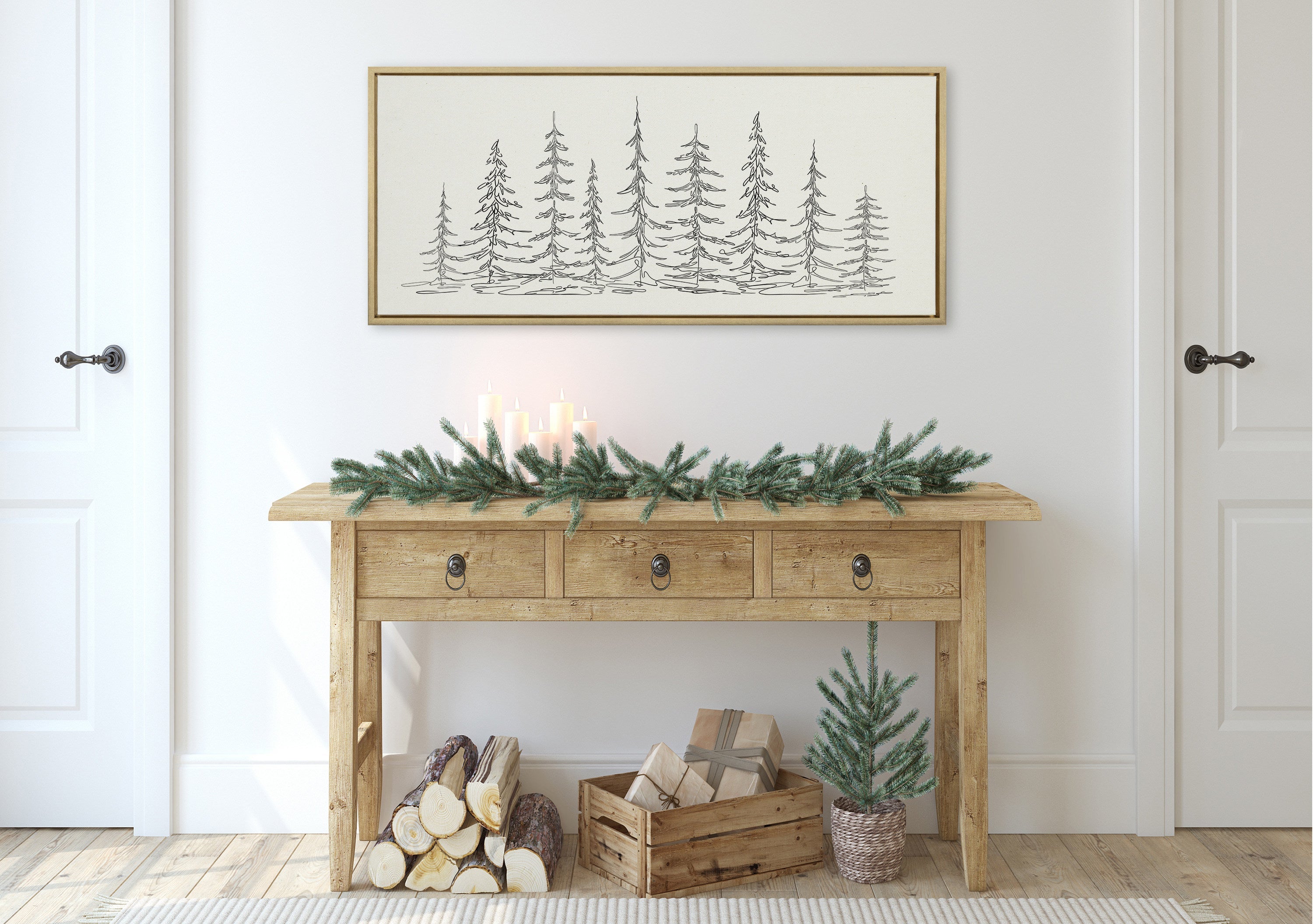 Sylvie Minimalist Evergreen Trees Sketch Framed Canvas