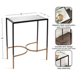 Rectangular side table with glass mirror tabletop, black metal frame, and curved brushed gold accents on the legs, shown with dimension lines and detail insets.