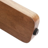 Close-up of a rounded rectangular wood piece with a smooth finish and a black adjustable knob on one end, shown against a white background.