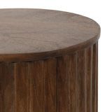 Round wooden drink table with smooth, flat top and vertical slats forming the cylindrical sides in warm brown tones