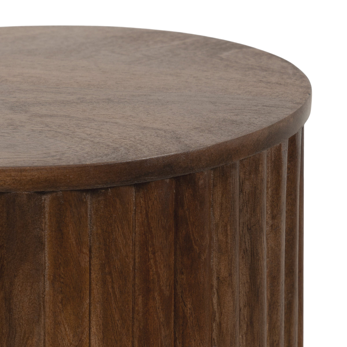 Round wooden drink table with smooth, flat top and vertical slats forming the cylindrical sides in warm brown tones