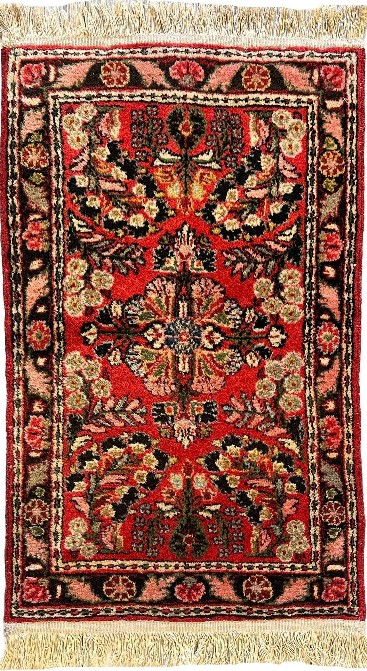 Exquisite Small Sarouk Rug 1'10''x3 Ft showing detailed wool pile and rich Persian pattern with new fringes