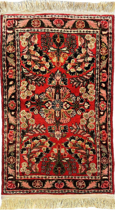 Exquisite Small Sarouk Rug 1'10''x3 Ft showing detailed wool pile and rich Persian pattern with new fringes
