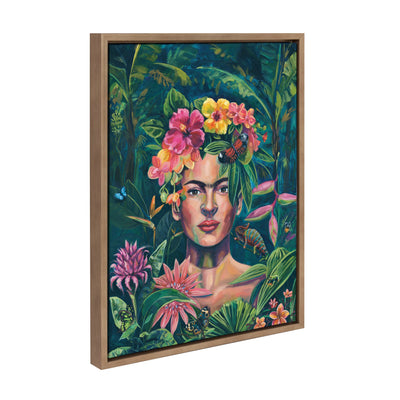 Framed canvas wall art showing Frida Kahlo portrait surrounded by wildflowers, gold frame, 18x24 inches