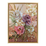 Painting of a bouquet with large pink, purple, and white roses, surrounded by green leaves and smaller white flowers on a warm beige background, framed in light wood.