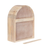 Wooden wall shelf with an arched top and a rectangular front panel, made from light natural wood, shown with a separate wooden hanging strip.