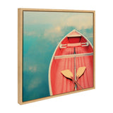 Top-down view of a red boat floating on calm water reflecting soft clouds, framed in natural wood emphasizing the peaceful scene