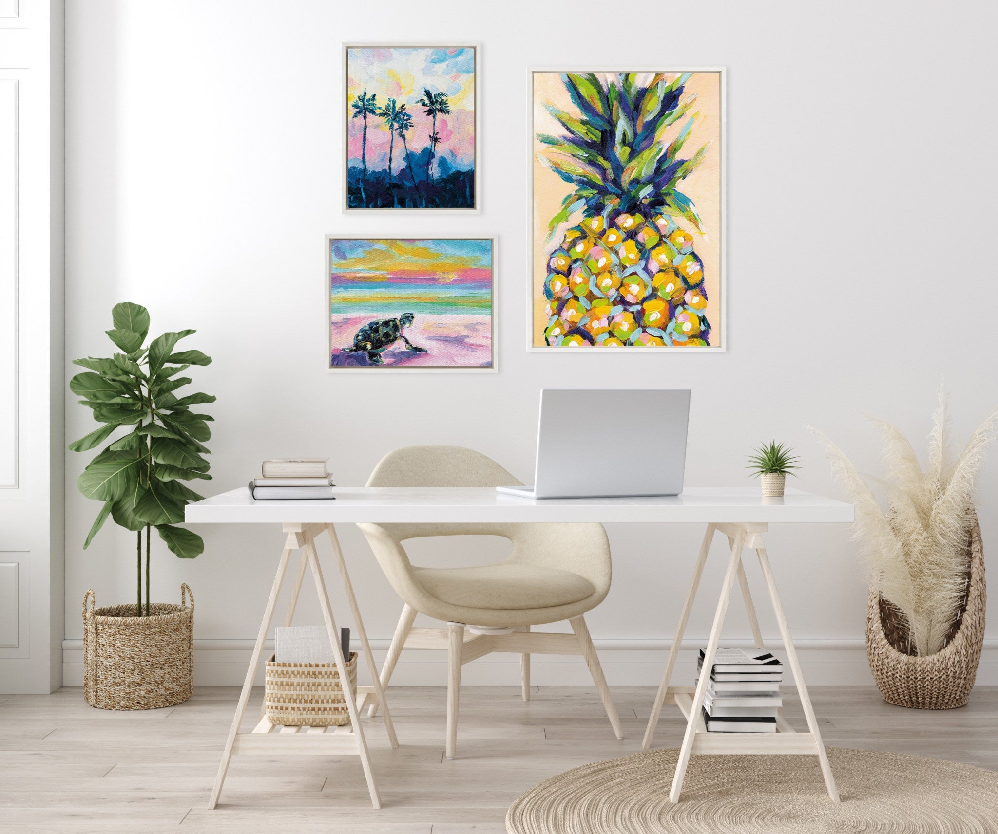 Sylvie Pineapple Study No 2, Apache Junction Sunset and Sunset Sea Turtle Framed Canvas Art Set by Rachel Christopoulos