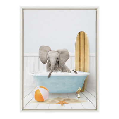 Sylvie Baby Elephant Beach House Bath with Surfboard Framed Canvas by Amy Peterson