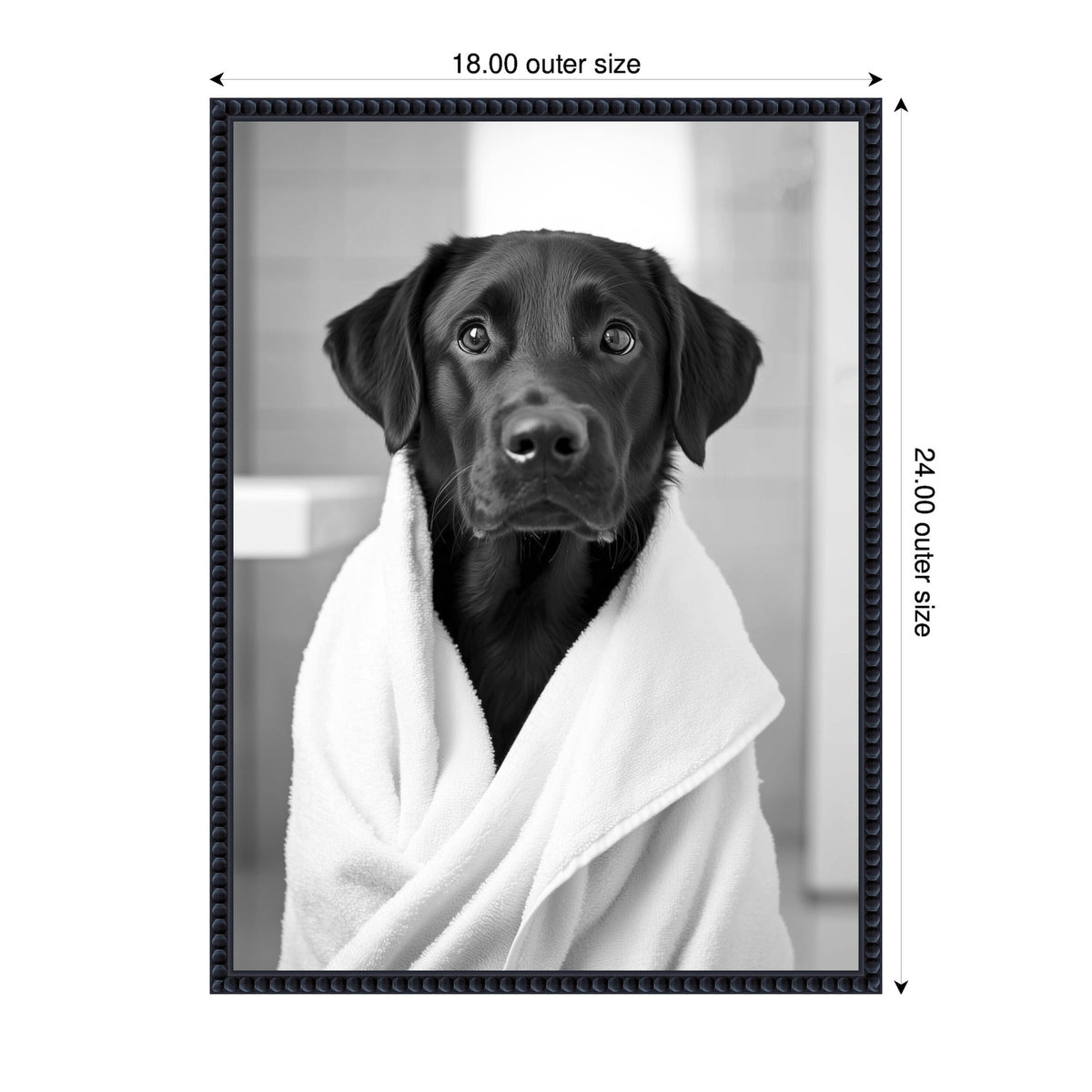 Black Labrador retriever wrapped in a white towel with a tile bathroom background, framed in a black decorative frame with labeled dimensions.