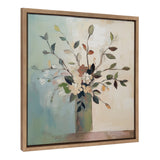 Framed canvas painting of an abstract floral arrangement with muted green, beige, brown, and white leaves and flowers in a vertical green vase.