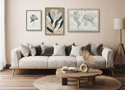 Sylvie Beaded Vintage Black and White World Map Framed Canvas by The Creative Bunch Studio