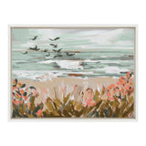 Abstract beach scene with teal and white sky, flock of black birds in flight, and sandy shore framed by coral and green foliage in foreground.