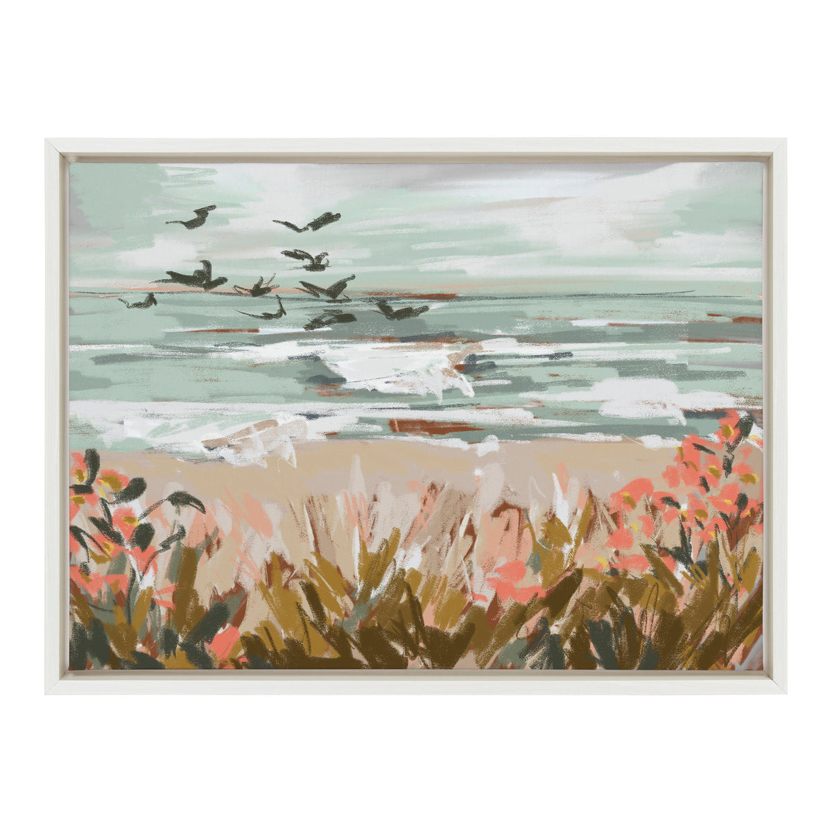 Abstract beach scene with teal and white sky, flock of black birds in flight, and sandy shore framed by coral and green foliage in foreground.