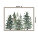 Watercolor painting of various green pines and evergreens framed with a brown wooden border, measurements 24 by 18 inches shown around frame edges