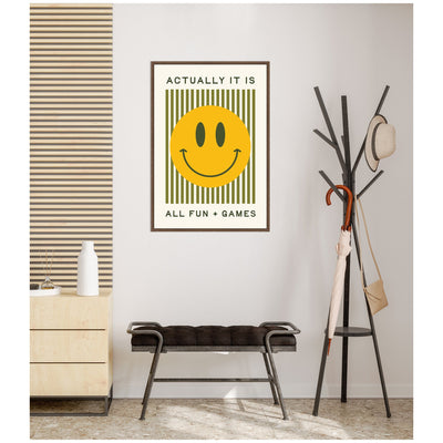 It is All Fun and Games Striped Poster, Dopamine Decor, Smiley Face Retro Print by Lucky Guava Framed Canvas Wall Art Print
