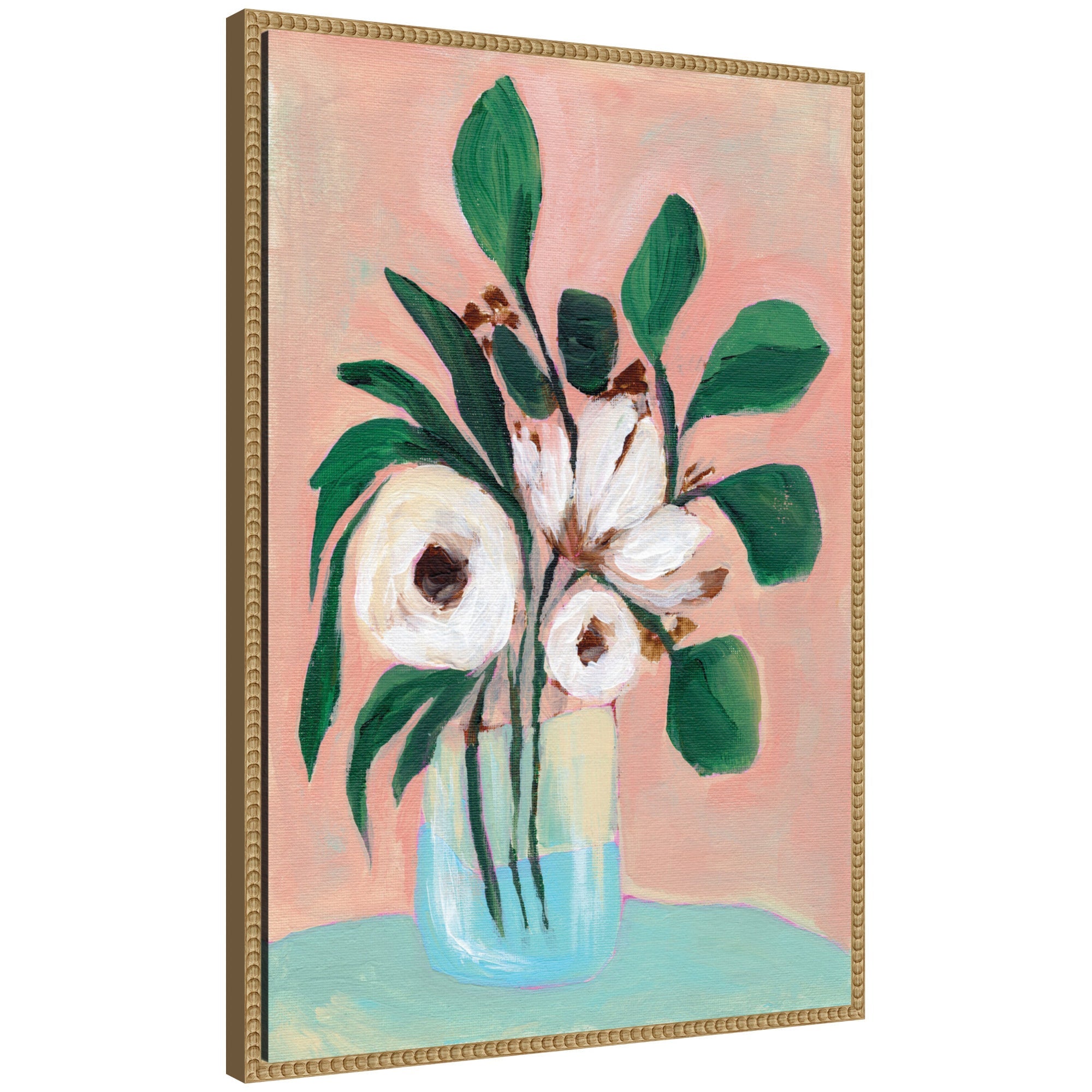 Sylvie Beaded Blush in Bloom floral canvas art framed with vintage beaded polystyrene frame