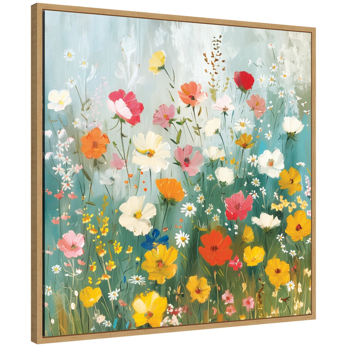 Framed canvas painting of a vibrant wildflower garden with yellow, white, red, and pink flowers against a soft blue-green background.