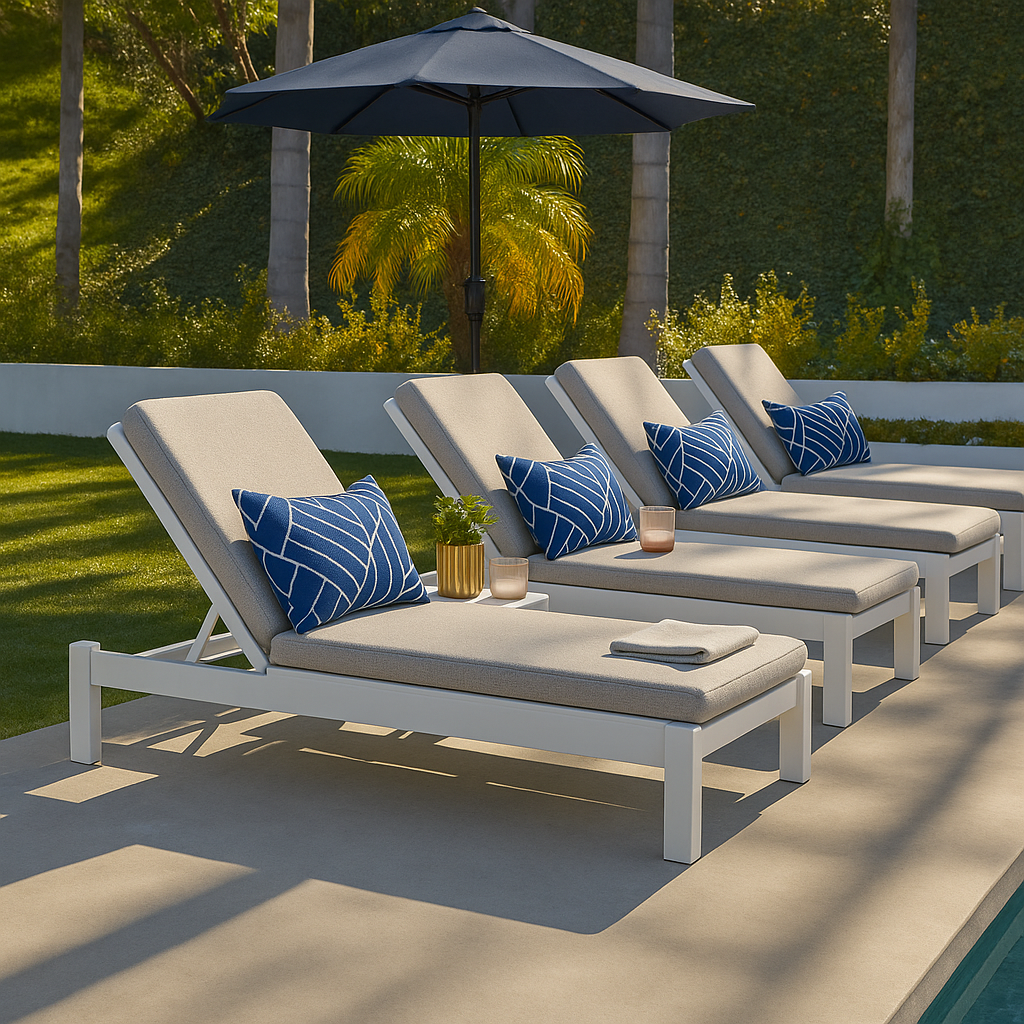 Four white metal framed outdoor lounge chairs with beige cushions and royal blue pillows featuring white leaf patterns, arranged by a pool under a blue umbrella.