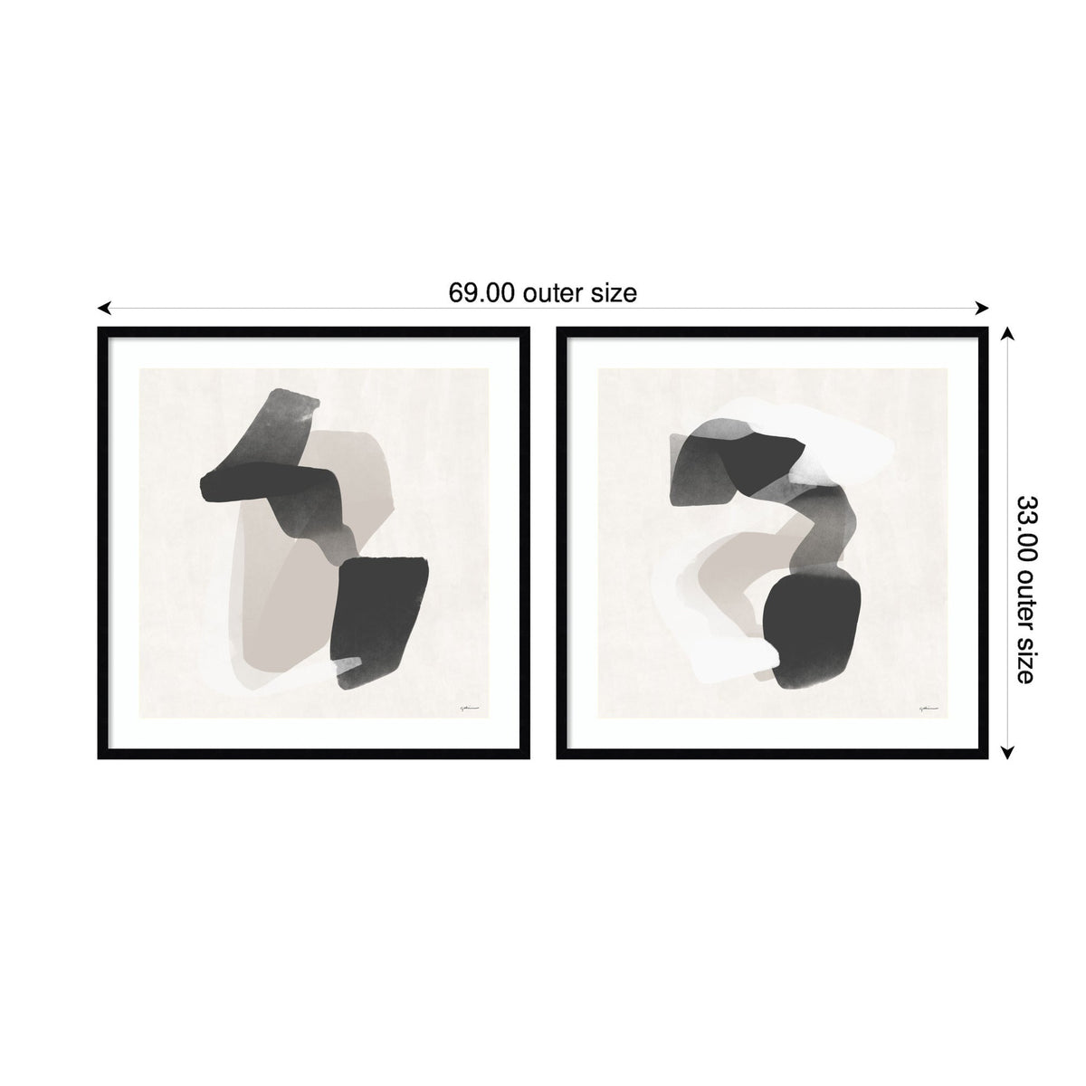 Two abstract, neutral-toned wall art prints featuring fluid black and gray shapes on beige backgrounds within simple black frames, displayed side by side.