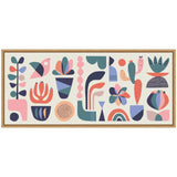 Abstract pastel-colored floral and succulent shapes in pink, coral, blue, and green arranged in a horizontal rectangular wooden frame with a cream background.