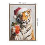 Realistic painting of a tiger wearing a red and white Santa hat, holding a festive cocktail garnished with holly, framed with light brown wood.