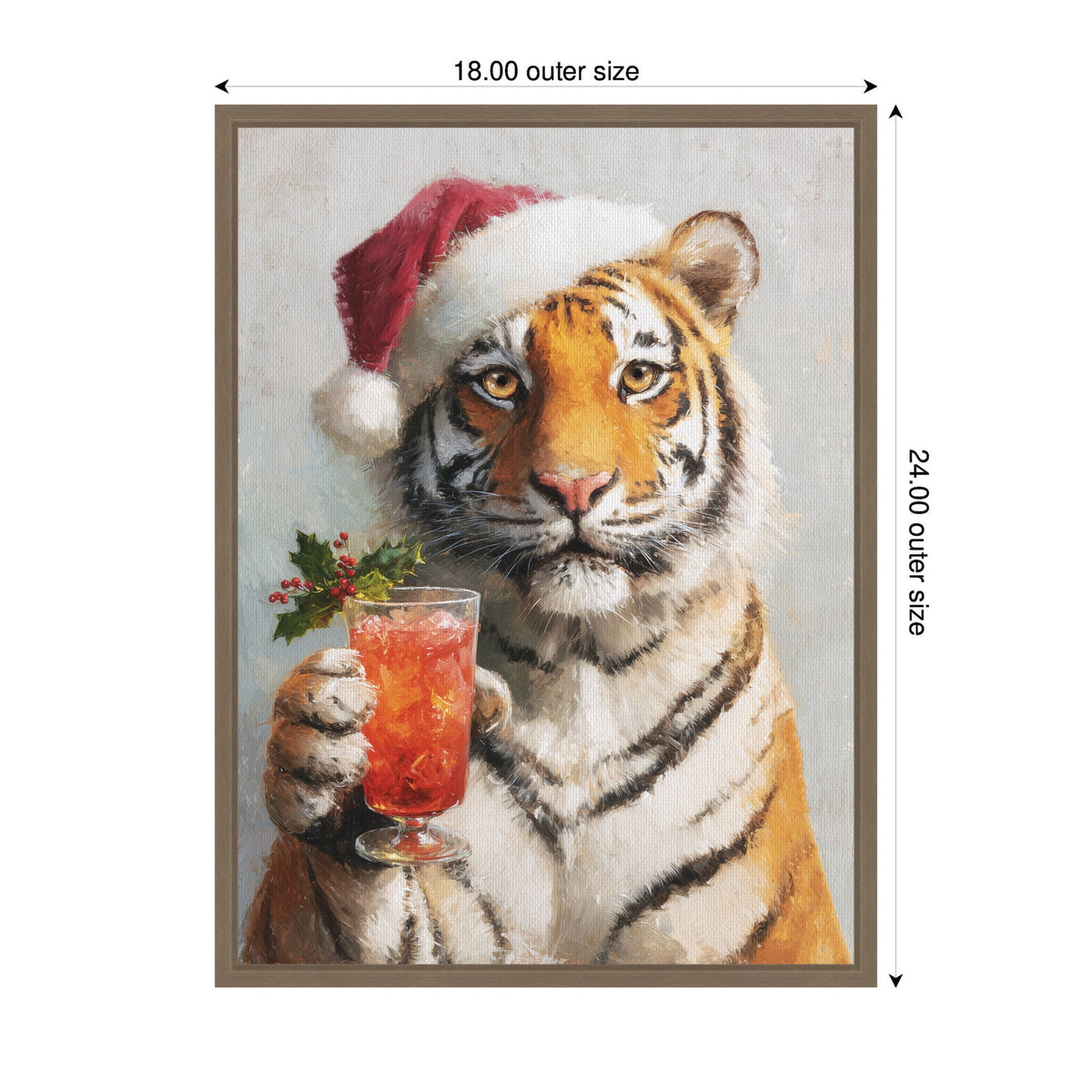 Realistic painting of a tiger wearing a red and white Santa hat, holding a festive cocktail garnished with holly, framed with light brown wood.