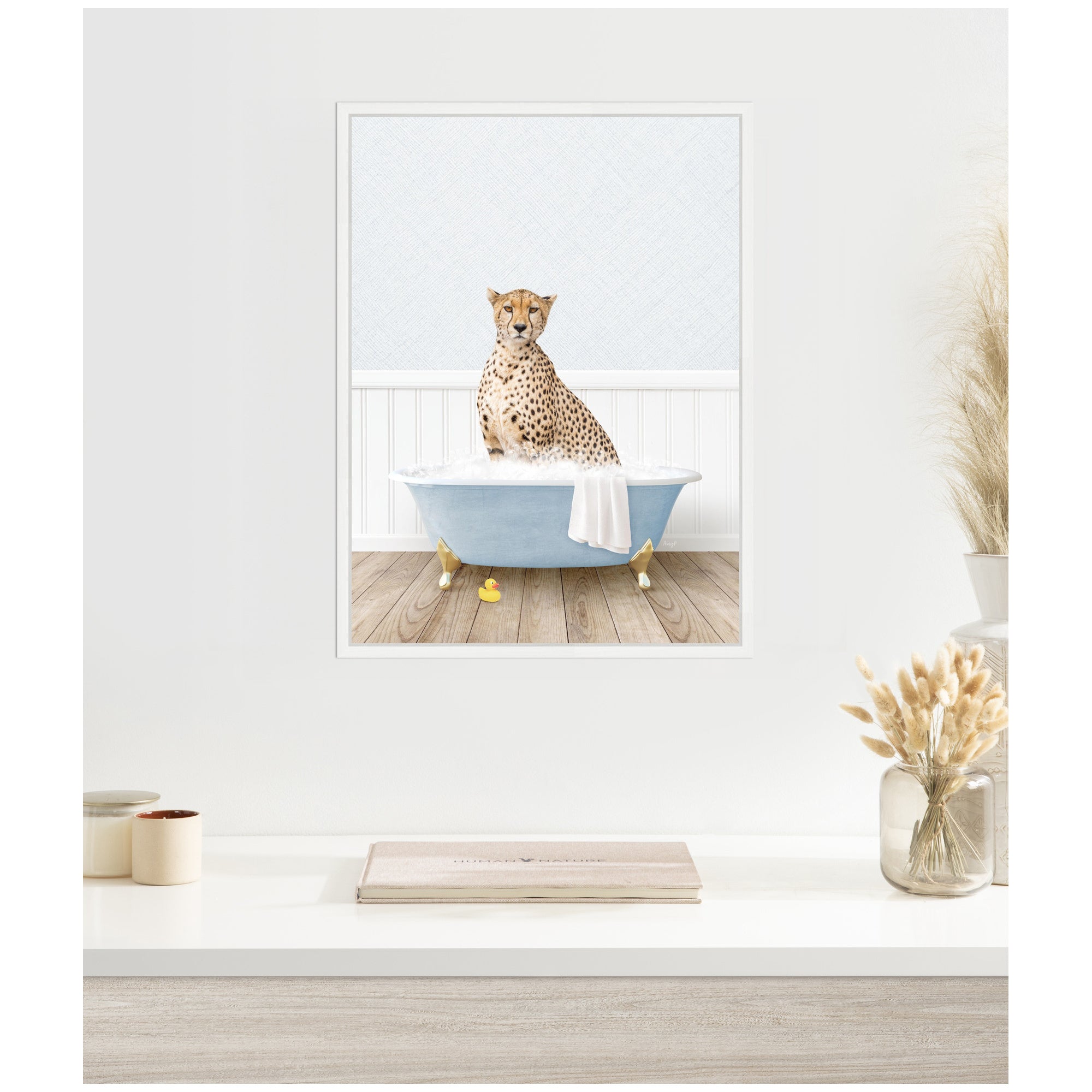 Sylvie Cheetah in Cottage Blue Bathtub Framed Canvas by Amy Peterson