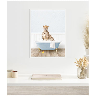 Sylvie Cheetah in Cottage Blue Bathtub Framed Canvas by Amy Peterson