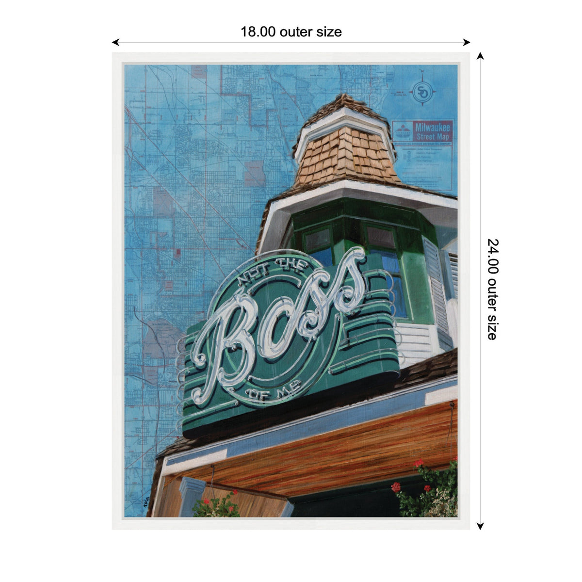 Framed canvas print with a teal vintage neon sign reading 'Not the Boss of Me' atop a green and white building turret, set against a blue map background.