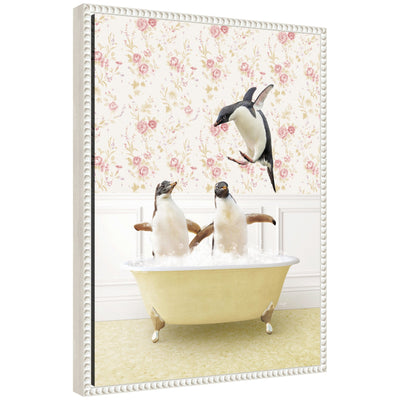Sylvie Penguins in Vintage Yellow Bath framed canvas art by Amy Peterson showing penguins on a yellow background with modern floating frame