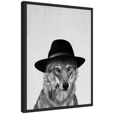 Sylvie Minimalist Wolf framed canvas art showing a minimalist blue-tone wolf illustration in a floating white frame.