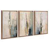 Three framed canvas artworks depicting abstract tall cacti in muted desert colors by The Creative Bunch Studio