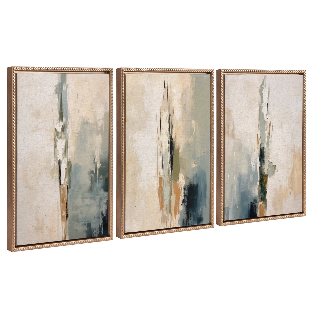 Three framed canvas artworks depicting abstract tall cacti in muted desert colors by The Creative Bunch Studio