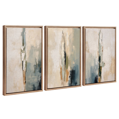 Three framed canvas artworks depicting abstract tall cacti in muted desert colors by The Creative Bunch Studio