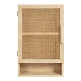 Rectangular light wood wall cabinet with upper rattan door panel and lower open cubby shelf, featuring a smooth round wooden handle on the right side.