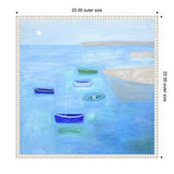 Framed canvas painting of five small boats in varying blues and greens floating on calm, soft blue water under a pale sky with a faint sun.