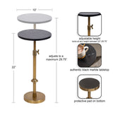 Adjustable-height plant stand with round black marble tabletop, brass metal base, and locking mechanism between 22 and 29.75 inches tall, showing protective bottom pad detail.