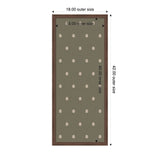 Rectangular pinboard with green fabric and regularly spaced small beige circular botanical blocks, framed in dark wood with outer dimensions 18x42 inches.
