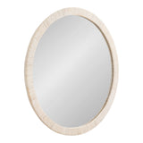 Oval wall mirror with a textured off-white frame featuring subtle vertical grooves, floating against a plain white background.
