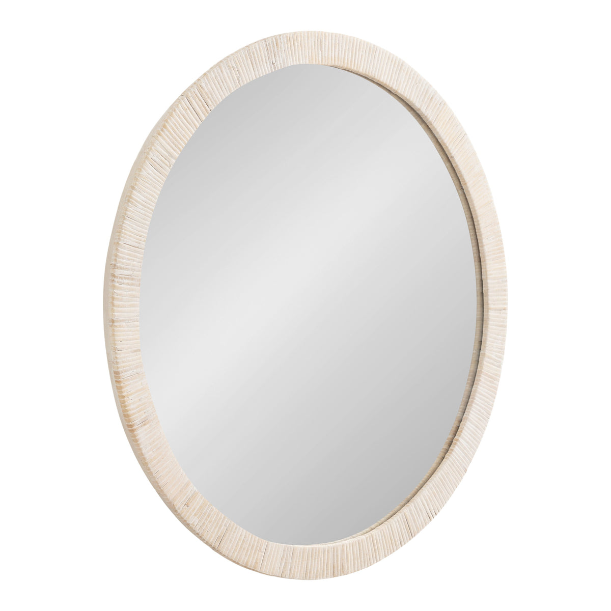 Oval wall mirror with a textured off-white frame featuring subtle vertical grooves, floating against a plain white background.