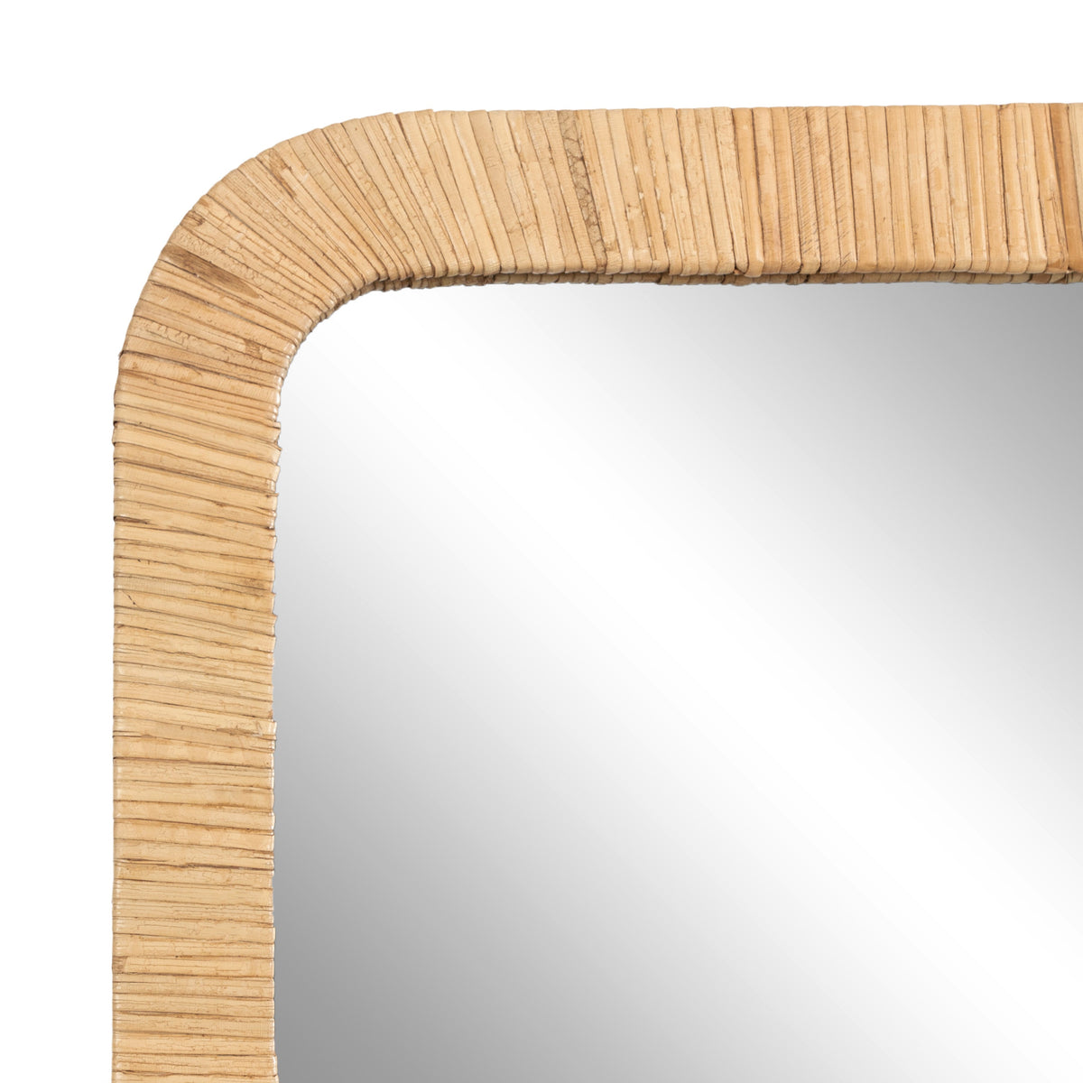 Close-up corner view of a rectangular wall mirror with a light wood slat frame featuring rounded edges and natural grain texture