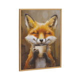 Smiling fox holding a lit coffee cup with closed eyes, framed in light wood against a warm brown background.
