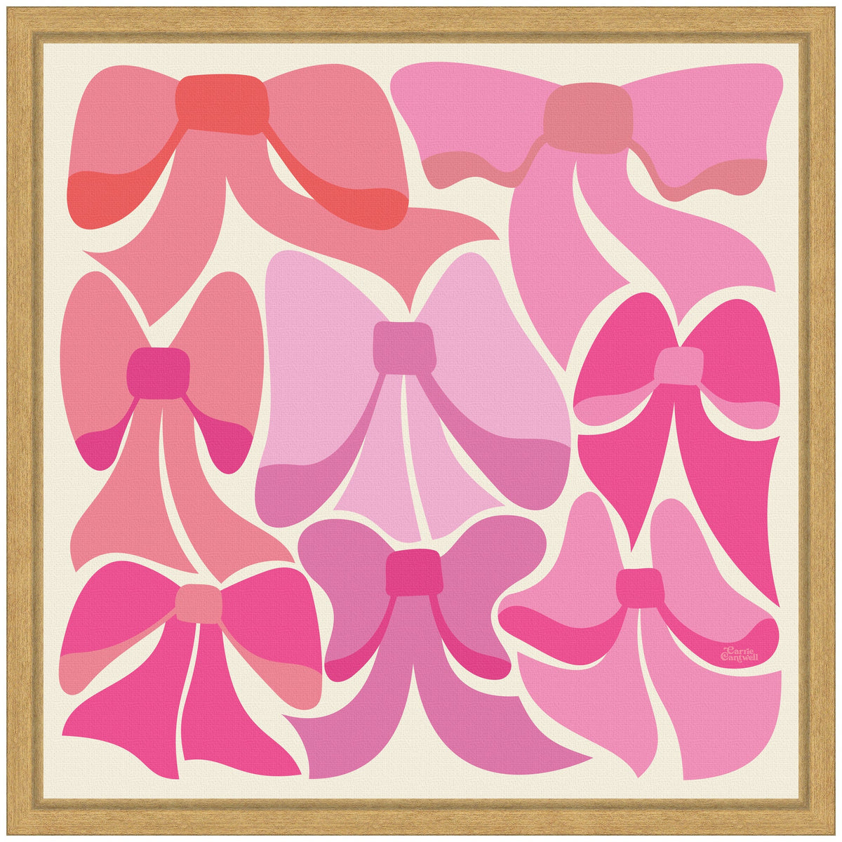 Nine stylized bows in varying shades of pink and red, arranged in three rows within a simple wooden frame on a light background.
