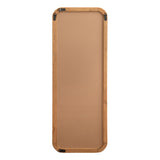 Tall rectangular wall mirror with rounded corners and a warm wood frame featuring dark metal corner accents, shown front-facing on a white background.