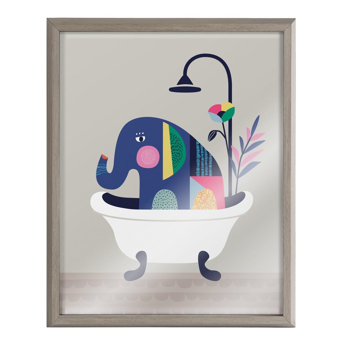 Mid-century style illustration of a dark blue elephant with colorful geometric patterns sitting in a white clawfoot bathtub beside a multi-colored flower under a black showerhead on light gray background.