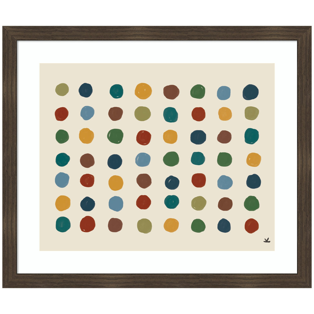 Abstract wall art print featuring rows of evenly spaced colorful dots in muted green, blue, red, and ochre on a cream background with a dark brown wood frame.