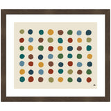Abstract wall art print featuring rows of evenly spaced colorful dots in muted green, blue, red, and ochre on a cream background with a dark brown wood frame.